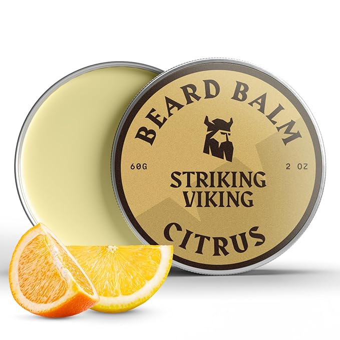 Striking Viking Beard Balm for Men – Light Hold, Citrus, 2 Oz - Leave-in Beard Conditioner with Shea Butter, Tea Tree, Argan & Jojoba Oils - Smooth, Shape, Moisturize & Soften Coarse, Dry Facial Hair