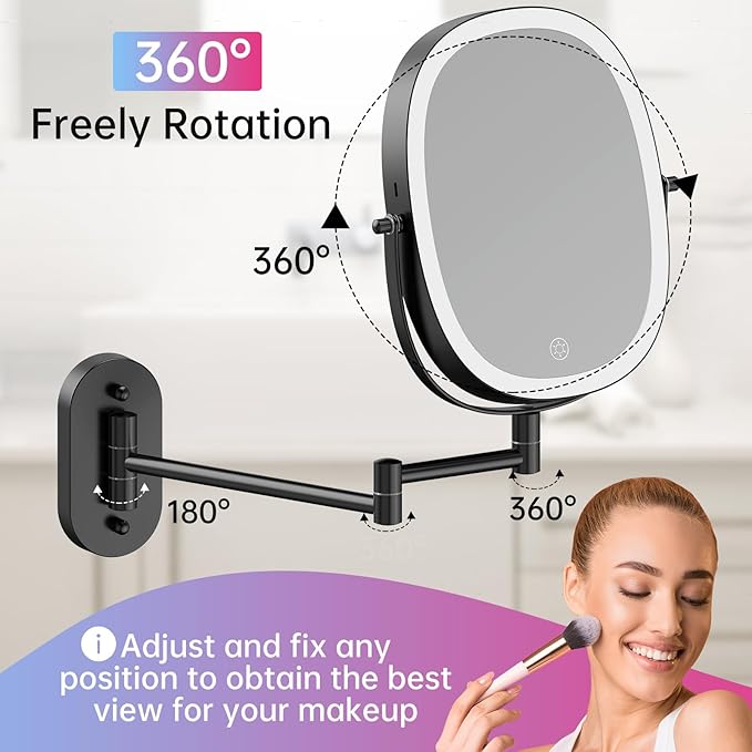 FUNTOUCH Rechargeable Wall Mounted Lighted Makeup Vanity Mirror, Double Sided 1X/7X Magnification, 3 Dimmable Light Settings, Extension Arm, Oval Frame, Ideal for Makeup