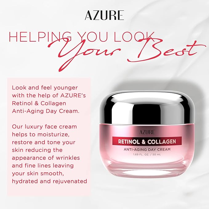 Azure Cosmetics Retinol & Collagen Moisturizer For Face - Dermatologist Tested, Anti-Aging - Skin Tightening, Fine Lines and Wrinkles Treatment Face Cream - Korean Skin Care - All Skin Type 1.69 fl oz