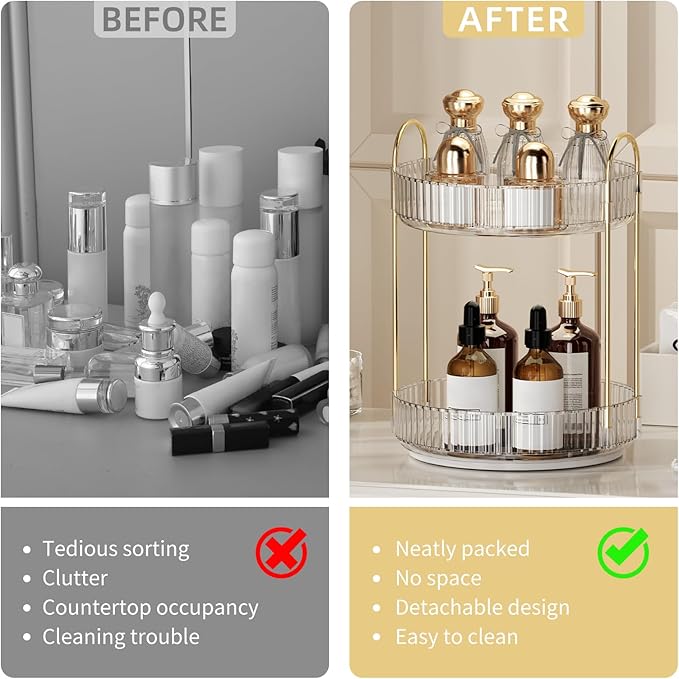 360° Rotating Makeup Organizer for Vanity - 2 Tier Perfume Organizer with Large Capacity - Skincare Organizer for Bathroom Counter - Space-Saving Cosmetic Storage for Dresser Countertop (Clear)