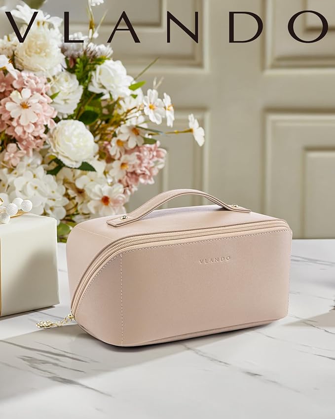 Vlando Makeup Organizer Bag,Mothers Day Gifts,Travel Makeup Bag for Women Waterproof Portable Make up Bag PU Leather Open Flat Cosmetic Bag for Travel Essentials, Gifts for Women(Toffee)