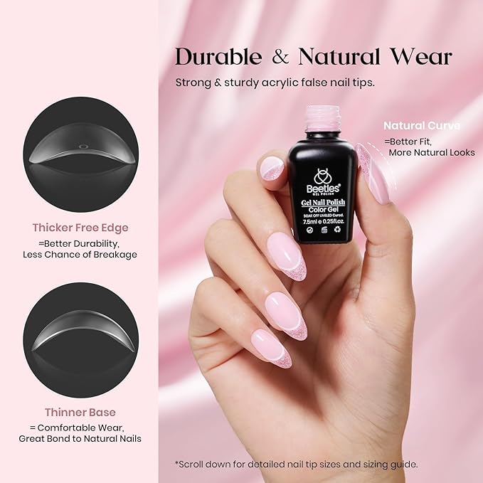 Beetles Gel Nail Kit - 600Pcs 15 Sizes Medium Almond Tips With Pink Color Gel Top Coat, Soft Clear Press-on, 5-in-1 Glue, UV Lamp - Easy Extension Set for Women