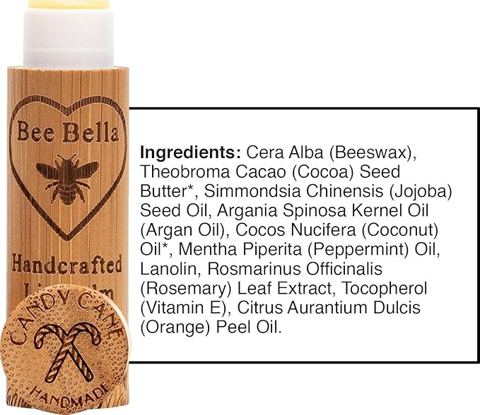 Bee Bella Lip Balm, Candy Cane, 3 Pack - Hydrating, Moisturizing Lip Care, 100% Natural, Original Organic Beeswax with Vitamin E, Handmade in USA