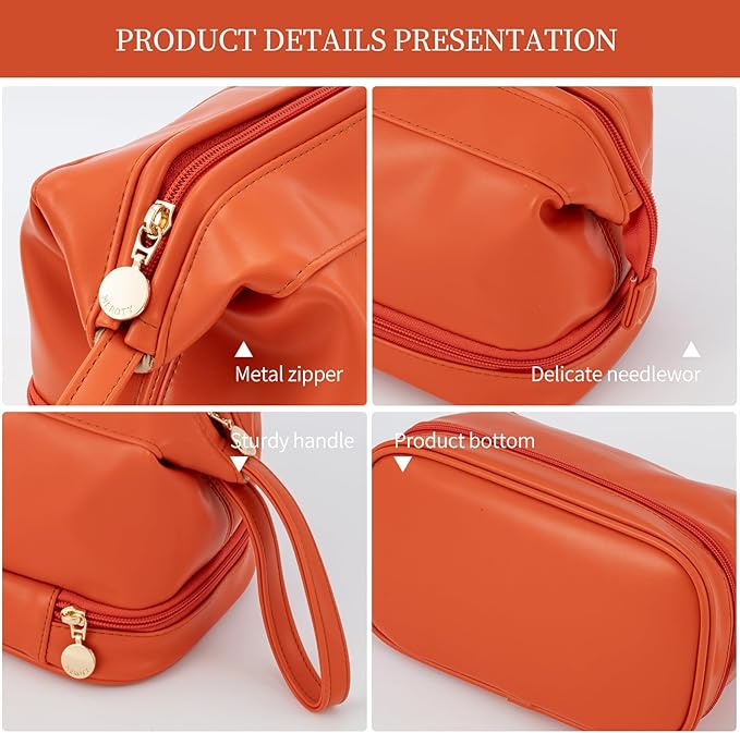 Abiudeng Large Capacity Makeup Bag Ladies Cosmetic Bag Travel Bag with Compartments Portable PU Leather Travel Makeup Bag with Handle