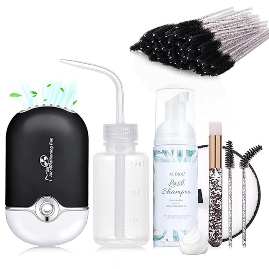 Eyelash Extension Shampoo Kit 60ml Unscented Lash Extension Cleanser with Lash Fan Black Professional Eyelid Foaming Cleanser Paraben & Sulfate Free Non-lrritating