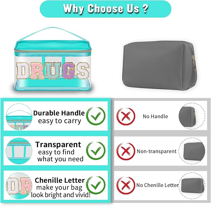 Chenille Letter Clear Makeup Bags Drugs Pouch, Preppy Patch Makeup Bag Zipper with Handle, Transparent PVC & Nylon Waterproof Glitter Cosmetic Handbag Travel Toiletry Storage for Women (DRUGS-Green)