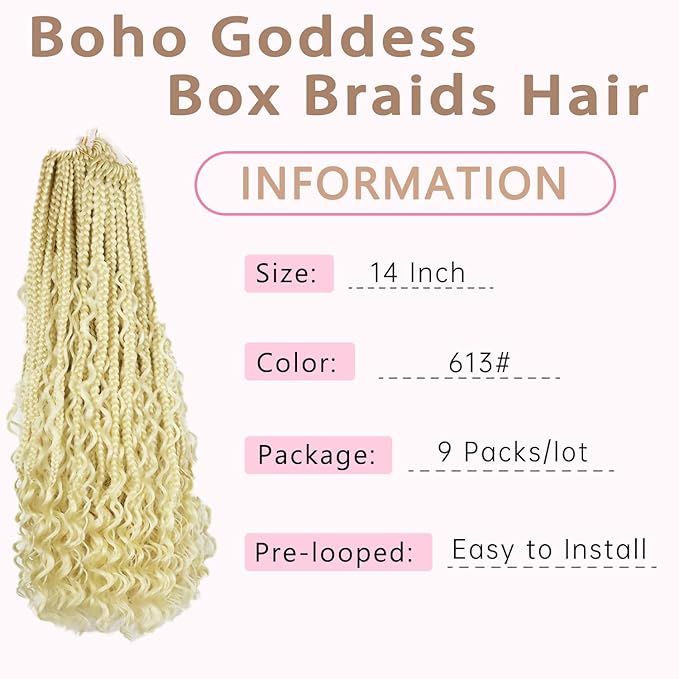 14 Inch Goddess Box Braids Crochet Hair 9 Packs Bohemian Crochet Box Braids with Curly Ends Pre looped Boho Crochet Braid Human Hair (14Inch, 613#)