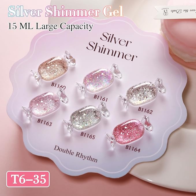 Double Rhythm 0.5 Oz Glitter Gel Polish Set of 6 Color with Display Board 15 ml Full Size Kit Shimmer Reflective Sparkle Soak Off Manicure Salon DIY at Home (Gold Silver Light Pink Rose-T6-35)