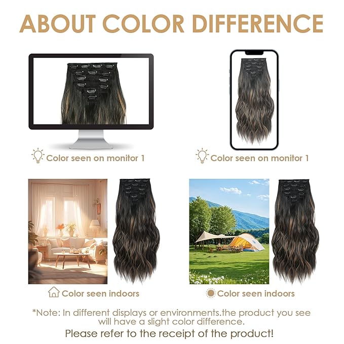 Clip in Hair Extensions for Women - 20 Inch Long Wavy Brown Extensions, 6PCS Hairpieces that Blend Naturally with Your Real Hair (20 Inch, Ombre Natural Black to Chestnut Brown Highlights)