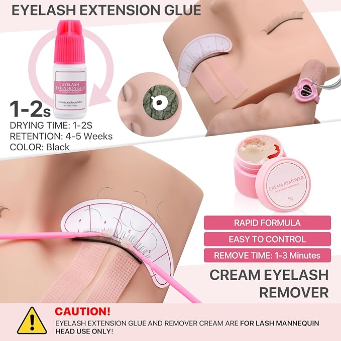 Pretty memory Eyelash Extension Kit for Beginners, 343 Pcs Lash Extension Kit with Everything Includes 2 Mannequin Heads Facial Mister Tweezers Glue USB Fan for Practice Training