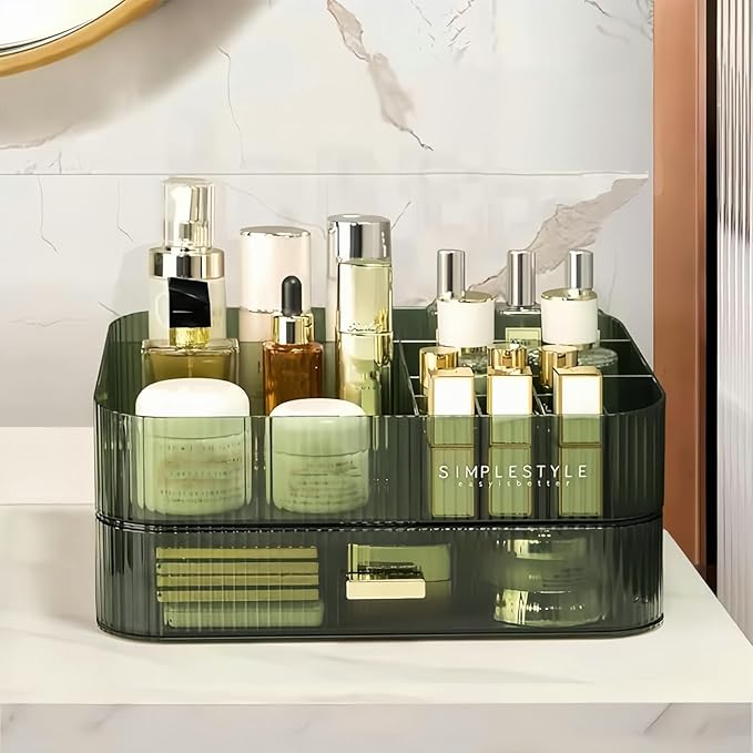 Makeup Organizer for Vanity, Large Desk Organizer with Stackable Drawer for Cosmetics, Skincare, Lipsticks, Eyeshadow Palette, Nail Care, Ideal Storage for Dresser and Bathroom Countertop-Green