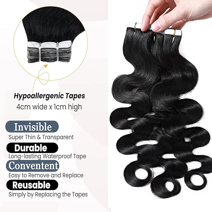 22Inch Curly Human Hair Extension PU Tape ins Natural Body Wave Tape On Real Human Hair Invisible Curly Tape in Hair Extensions Glue in Hair Extensions 20pcs 50g/Pack for Women Double Side