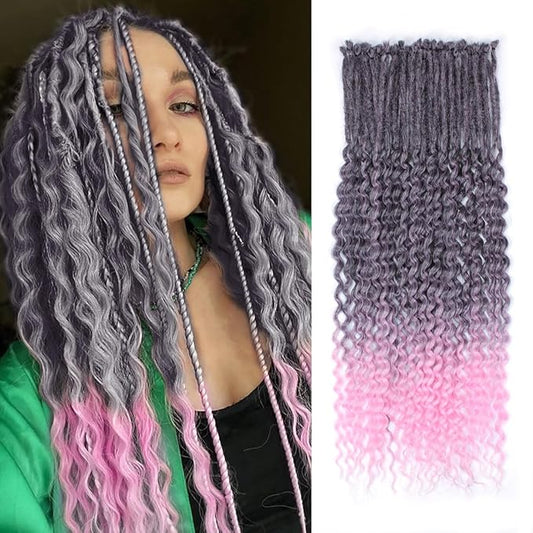 Single Ended Wavy Dreadlock Extensions,24 Inch 30 Strands Ombre Pink Dreads Set Synthetic Curly Hippie Style Dreads Handmade Dreads Extensions
