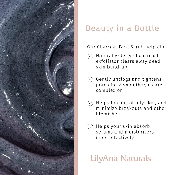 LilyAna Naturals Charcoal Face Scrub 3 Oz and Face Cream 1.7 Oz Bundle - Anti-Aging Facial Exfoliator and Face Cream, Face Moisturizer For Dry Skin, Rose and Pomegranate Extracts - for Women and Men