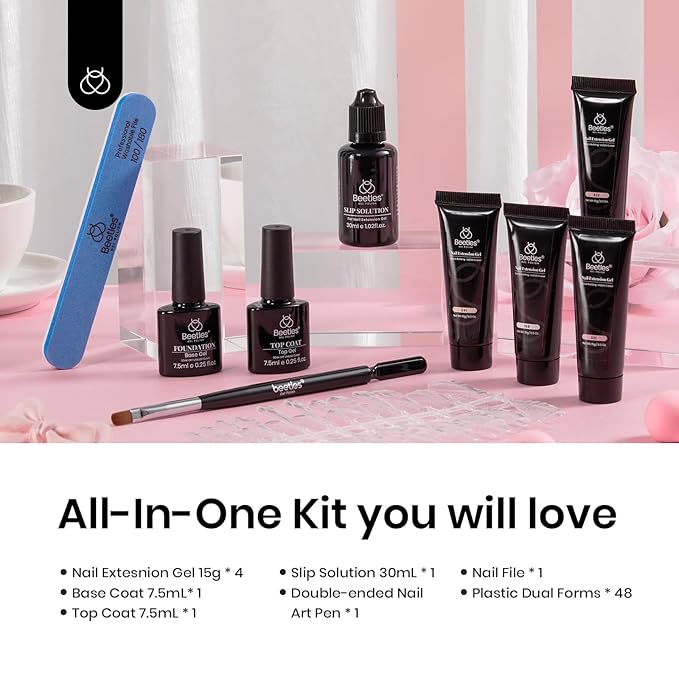 Beetles Poly Extension Gel Nail Kit, 4 Colors Milky White Nude Pink Neutral Poly Nail Gel Builder Hybrid Jelly Gel with Base&Top Coat Set DIY Nail Art Gift for Women