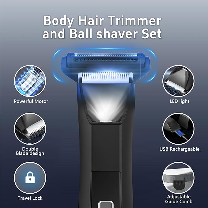 Manscape Body Trimmer for Men, Groin & Body Hair Trimmer, Ball Foil Shaver, Nose Hair Clippers, 3 in 1 Men's Waterproof Wet/Dry Groomer with Travel Case &Travel Lock, LED Display, Black