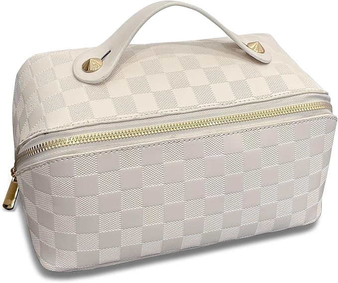 Checkered Makeup Bag Large Capacity Travel Cosmetic Bags for Women Makeup Organizer Bag (White Checkered)