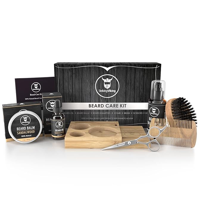 Striking Viking Beard Grooming Kit for Men with Shampoo, Oil, Balm, Brush, Wooden Comb, Mustache Scissors - 7-Piece Sandalwood Caddy for Beard Growth
