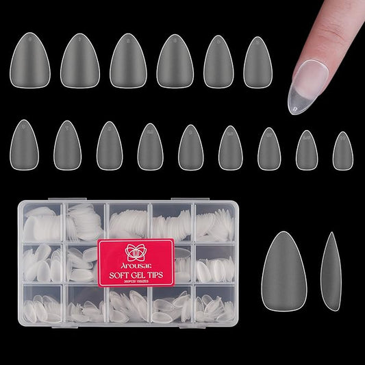 Almond Nail Tips, 360pcs Clear Acrylic Nail Extension Set in 15 Sizes, Matte Short Almond Full Cover Press on False Nail Tips for DIY Nail Art, Spring Summer DIY Salon Gift