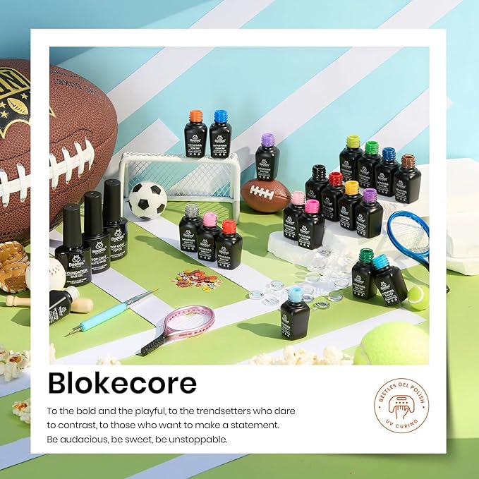 Beetles Summer Gel Polish Set 28Pcs Pink Yellow Green Red Blue Gel Nail Polish Blokecore Collection with Sports Nail Charms Base Top Coat and Double-ended Brush DIY Home Rainbow Nails