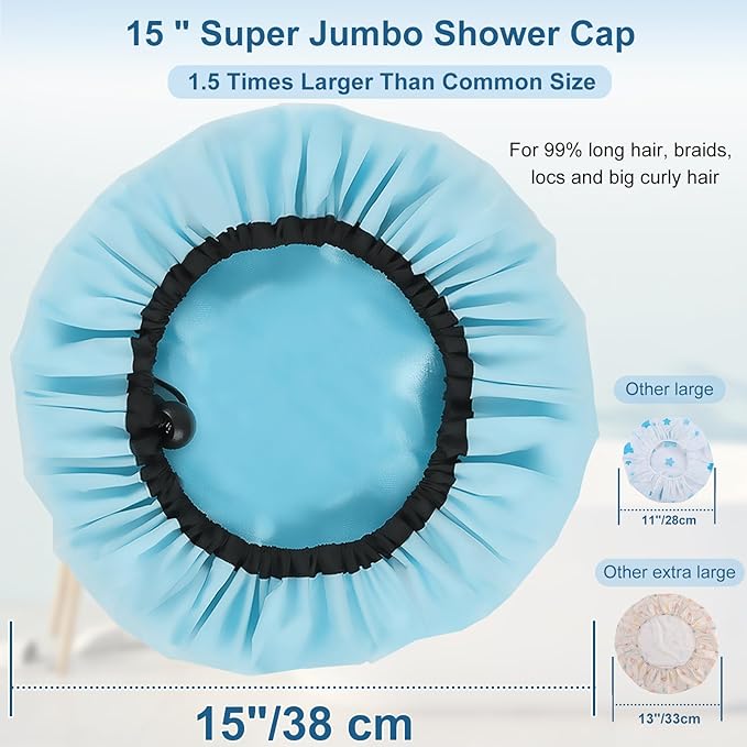 3 Pcs 15" Super Jumbo Shower Cap, Reusable Dual Waterproof Shower Cap for Women, Extra Large Satin Lined Shower Cap for Braids & Long Hair, XL Adjustable Hair Cap for Locs Dreadlocks Music