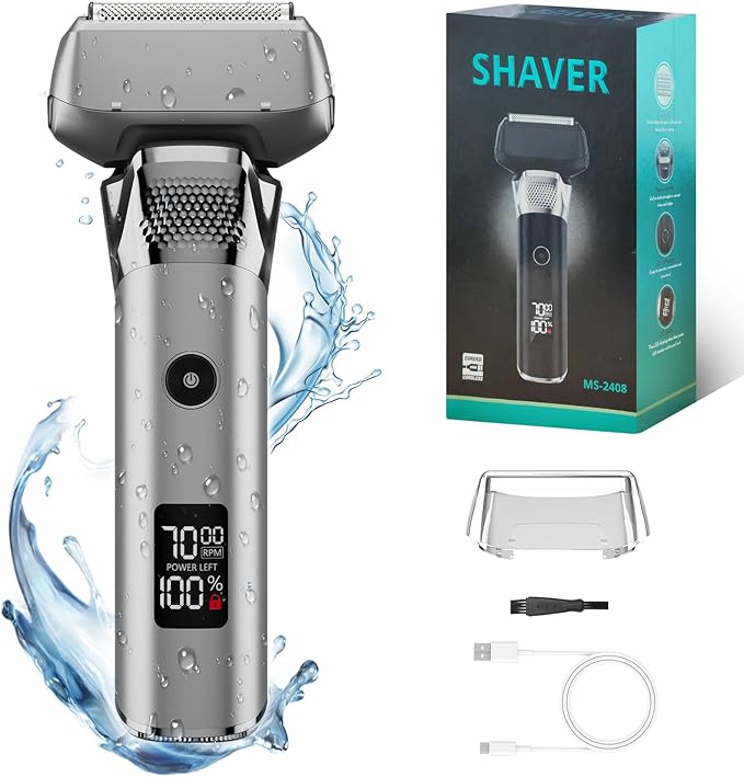 Electric Foil Shavers for Men Rechargeable Electric Razor Cordless Dry Wet Shavers Beard with Pop-Up Trimmer Travel Foil Shaver Face as Father Husband Boyfriend Gift 2408 Matte Silver