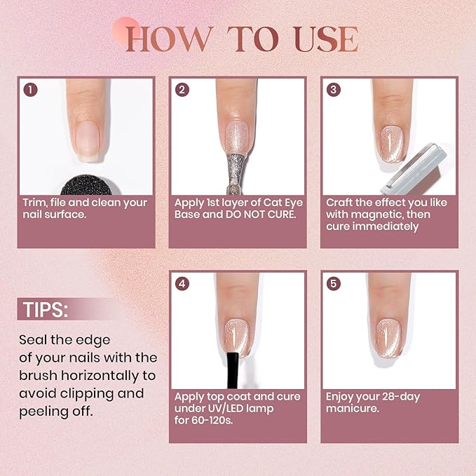 MIZHSE Cat Eye Gel Polish Set, 3 in 1 Rubber Base Gel For Nails, 6 Colors 10ml Holographic Glitter Cat Eye Gel with 2 Magnets, No Need Base Coat Fast Cure Soak Off LED Nail Gel