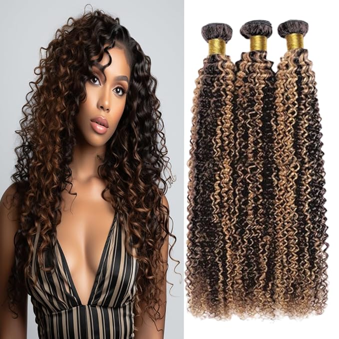 Ombre Brown Bundles Kinky Curly Human Hair Highlight P1B30 Curly Bundles Black and Brown two tone Brazilian Human Hair Weave Wet and Wavy for Black Women 14 16 18 Inch