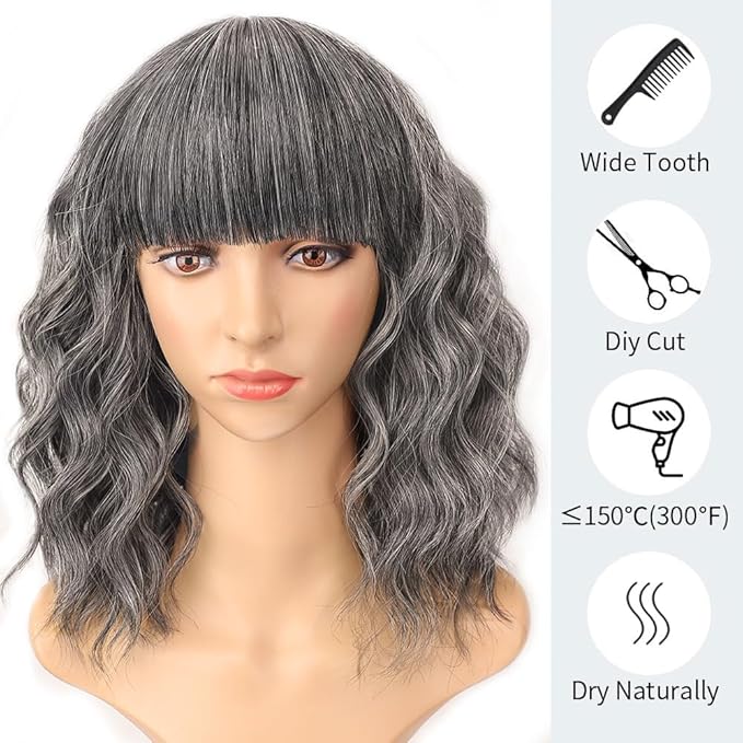 AISI HAIR Grey Salt & Pepper Synthetic Wavy Curly Bob Wig with Bangs Short Wavy Hair for Women Synthetic Heat Resistant Bob Wigs