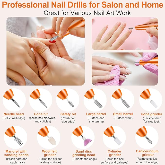 Electric Nail Drill, Urbuti 35000RPM Professional Nail Drill Machine, Portable Rechargeable File Machine Set for Acrylic Gel Nails, Manicure Pedicure Tools for Home and Salon Use(Orange)