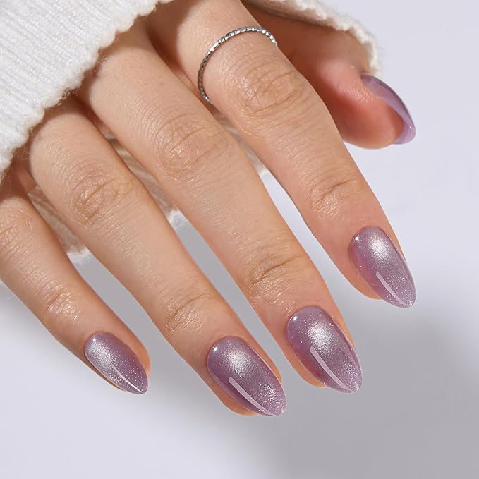VSALON Short Almond Press-On Nails - Purple Cat Eye Design, Reusable Fake Nails with Nail Glue, Protector Cuticle Oil, Adhesive Tabs & Mini Nail File - 32 PCS in 16 Sizes (Crystal Dawn)