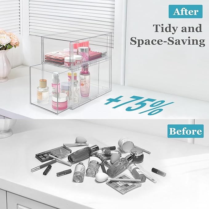 Stackable Storage Drawers Set of 2, Clear Makeup Organizer for Vanity, Acrylic Cosmetic Display Cases, Large Capacity Makeup Organizer Countertop, Undersink, Kitchen Organization and Storage