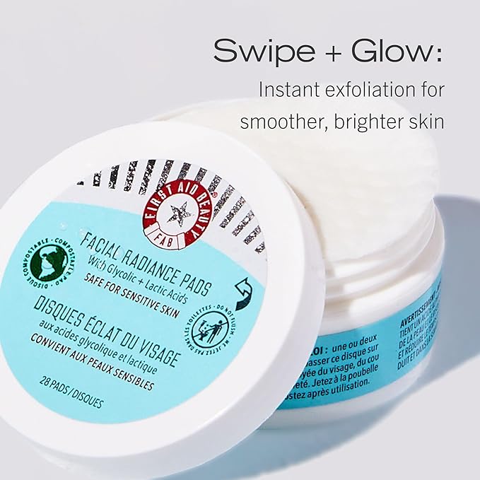 First Aid Beauty - Hydrated Glow Kit: KP Bump Eraser Body Scrub, 4 oz, Facial Radiance Pads, 28 Pads, Pure Skin Face Cleanser, 2 oz, & Ultra Repair Cream, 6oz, Hydration and Exfoliation Treatment, 4ct