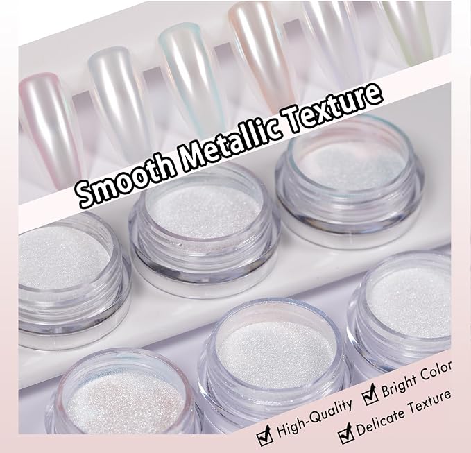 Chrome Nail Powder Pearl White Aurora Effect Metallic Mirror Moonlight Pigment Iridescent Glitter Kit for Gel Polish Nail Art Decoration, 6 Colors Set 0.5g/Jar