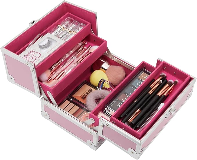 Pink Makeup Train Case with Lock and 2 Keys, 3-Tier Cosmetic Storage Box