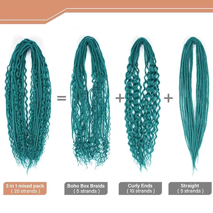 24 Inch Double Ended Dreadlock Extensions Sets, 20 Strands 3 In 1 Mixed Synthetic Dreads Extensions, Castleton Green Straight&Curly&Boho Handmade Dreads Hippie Style Dreadlocks for Woman