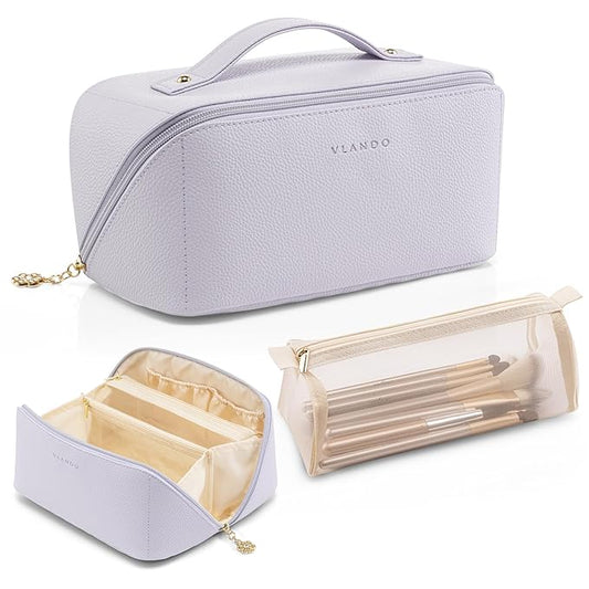 Vlando Makeup Bag,Travel Makeup Bag Waterproof Portable Cosmetic Bag PU Leather Open Flat Make up Organizer for Travelers teen Girls Women,Christmas Gifts for Women(Purple)