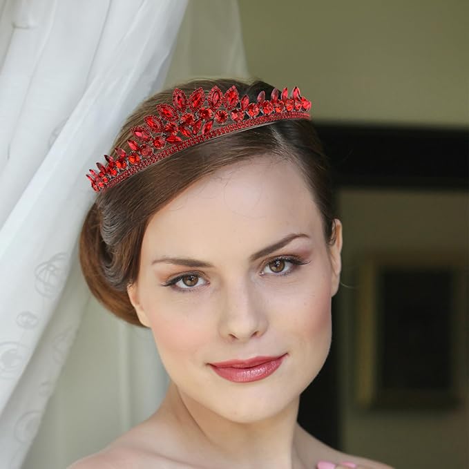 LIMELIA Women's Tiara for Henna Wedding Party|Glitter Hair Accessories for Bridal Birthday Pageant Prom Halloween Costume Christmas Party, Queen Princess Crowns | Leaf Model-Red