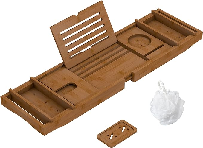 Bamboo Bathtub Tray for Luxury Bathroom, Expandable Premium Bath Tray with Soap Towel Book Holder, Luxury Spa Wooden Bath Table for Reading Laptop Over The Clawfoot Walnut