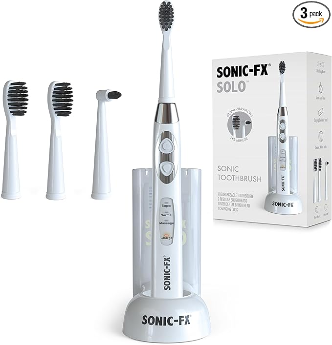 Solo Sonic 3 Brushing Modes Toothbrush with Smart Timer, Rechargeable Charging Dock | Electric 1 Interdental and 2 Tooth Brush Heads Toothbrush Includes Replacement of Heads, White