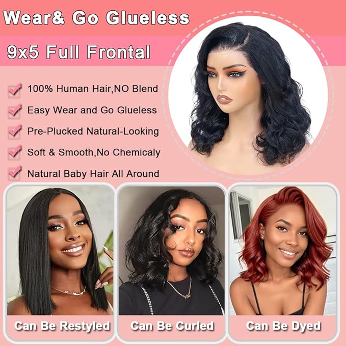 16 inch Bob Wig Human Hair Glueless Body Wave Lace Front Wigs Human Hair Pre Plucked Pre Cut 9x5 HD Lace Closure Wigs Human Hair for Black Women Bob Wig Human Hair Glueless For Beginners 200% Density