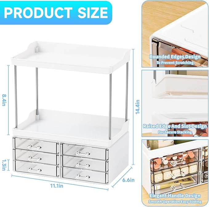 2 Pack Bathroom Organizers and Storage Countertop With 6 Drawers,Stackable Vanity Drawer Organizer,14.4" Tall Large Capacity Skin Care Organizer and Exquisite Cosmetic Storage Box,White