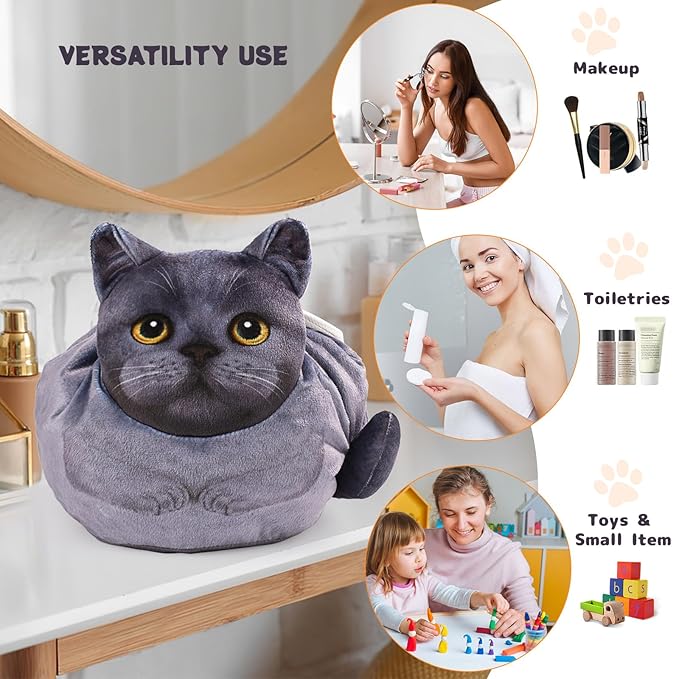 Openhaha Drawstring Makeup Organizer, Travel Cosmetic Pouch - Cat Gift for Women, Lay Flat Makeup Bag Gifts for Cat Lovers