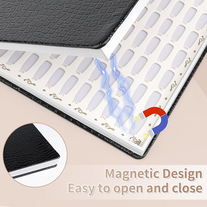 216 Colors Nail Display Chart, Nail Colors Book with 240 False Nail Tips, Professional Nail Gel Polish Organizer Color Card for Salon, Nail Swatches Book Sample Chart Tool Set (Black, 1 Pack)
