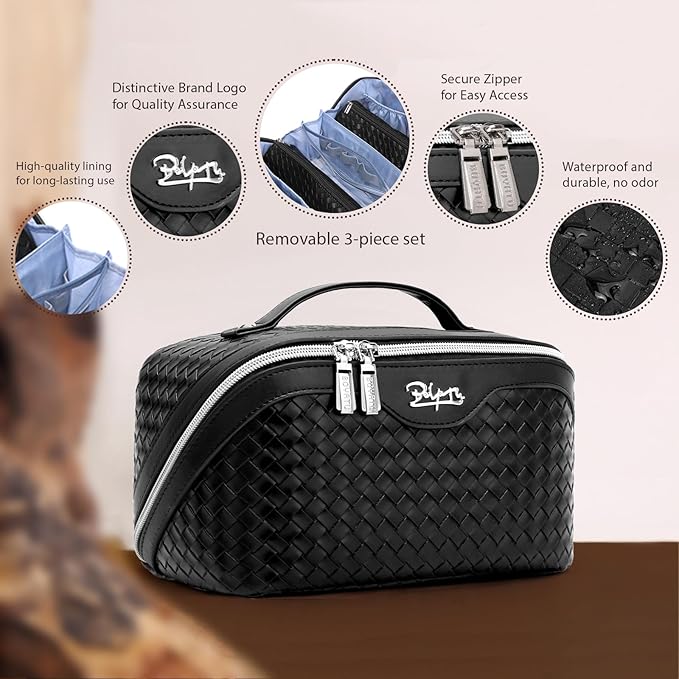 BOYATU Travel Makeup Bags for Women: 3 Pcs Large Make up Bags Set - Vegan Leather Cosmetic Bag for Traveling - Waterproof Toiletry Organizer (L02 Black)