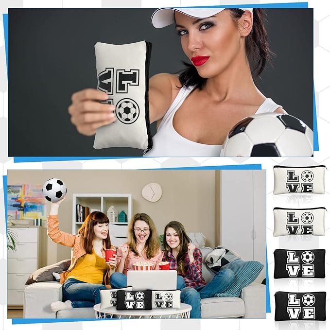 Amylove 20 Pieces Soccer Makeup Bag Gifts Soccer Cosmetic Travel Bag with Words Toiletry Zipper Pouch Portable for Women Football Lover Players Team Accessories