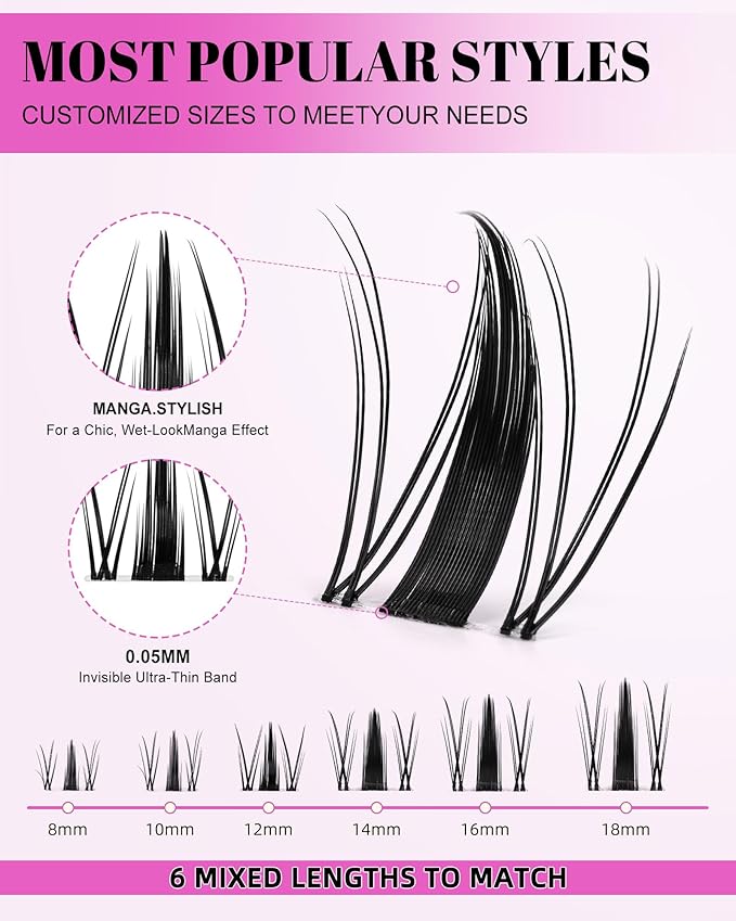Fairy Lash Clusters Kit Wispy Fluffy 8-18mm Manga Anime Eyelashes Cluster Extension Kit C Curl Individual DIY Fake Lashes Extension Kit with Lash Bond and Seal Waterproof False Eyelashes Clusters Kit