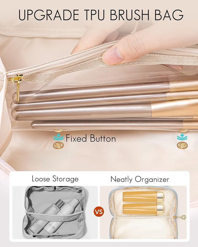 Vlando Makeup Bag,Travel Makeup Bag Waterproof Portable Cosmetic Bag PU Leather Open Flat Make up Organizer for Toiletries,Gifts for Teen Girls Women(Baby Blue)