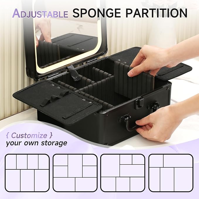 Leeora&Leekoo Makeup Box with LED Mirror & Aluminum Frame, Compact Multi-Layer Cosmetic Organizer - Portable ABS Travel Train Case for Makeup Storage(Gift for Girlfriend/Daughter) (Black)