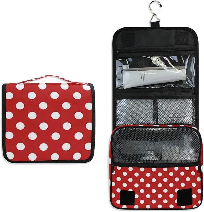 Hanging Travel Toiletry Bag for Women, Polka Dot Print Travel Makeup Bag Red White Polka Dot Portable Cosmetic Bag Travel Organizer for Toiletries Accessories
